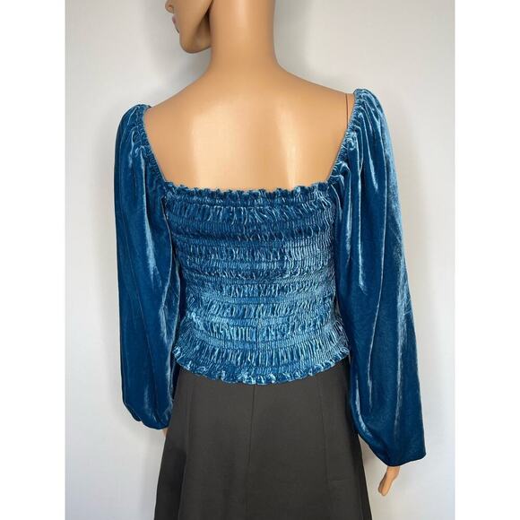 Anthropologie Puff-sleeved Velvet smocked Blouse blue size S NWT boho - Picture 4 of 10